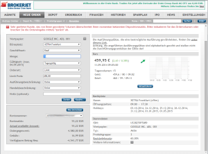 So können Sie bei Brokerjet eine Aktie kaufen. In diesem Fall wird eine Google Aktie an der Börse in Frankfurt gekauft.