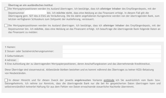 So sieht bei Brokerjet der Depotübertrag ins Ausland aus.