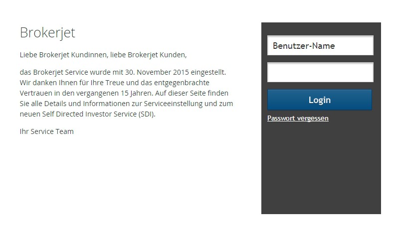 Ruft man brokerjet.at auf, so wird auf eine Unterseite der Erste Bank weitergeleitet. Dort erhält man die Info, dass Brokerjet Geschichte ist.