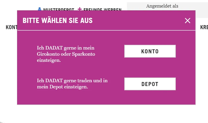 Online Banking Login: Entscheidung ob Konto oder Depot notwendig