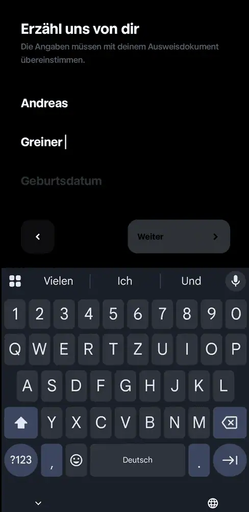 Gib hier deinen Vornamen, Nachnamen und dein Geburtsdatum ein.