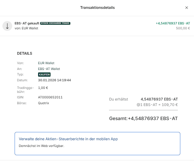 Kauf von Erste Bank Aktien bei Bitpanda um 109,70 Euro