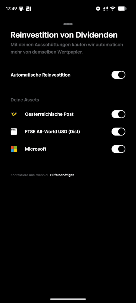Es wird angezeigt für welche Aktien und ETFs es eine Reinvestitionsmöglichkeit gibt.